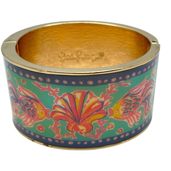 Vintage Lilly Pulitzer Shell and Fish Enamel Cuff Bracelet Signed Designer Clamp - Picture 3 of 10